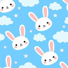 Cute bunny, rabbit on blue sky background, seamless pattern, baby room, Children's nursery, decoration of children's rooms. Vector illustration.