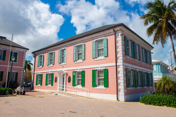 Bahamian Parliament building on Bay Street in downtown Nassau, New Providence Island, Bahamas. 