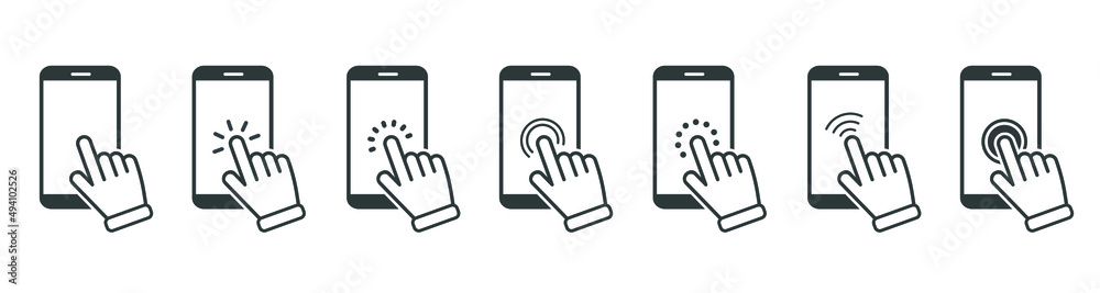 Poster click here the button with the hand and arrow icon. set of linear icons for websites. flat vector il