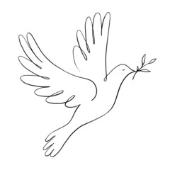 Continuous one line drawing of flying dove holding an olive branch. Peace dove sign and freedom sign concept. - obrazy, fototapety, plakaty
