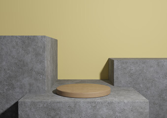 Warm, light, bright, pastel yellow 3D rendering of a minimal,  wooden simple product display podium or stand on rough concrete geometric background