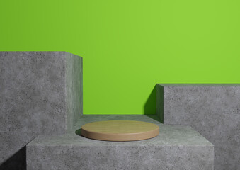 Bright, neon green 3D rendering of a minimal,  wooden simple product display podium or stand on rough concrete geometric background