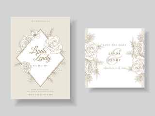 Minimalist wedding invitation with floral line art