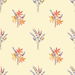 Fototapeta na wymiar Seamless pattern with the lavender flowers, grasses and herbs, and autumn maple leaves. Creamy yellow background and elegant plants painted with watercolors. For fabric, wrapping paper, wallpapers. 