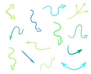 Colored infographic elements on isolated white background. Hand drawn simple arrows. Line art. Set of different pointers. Abstract indicators