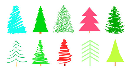 Colorful christmas trees on white. Set for design on isolated background. Geometric art. Objects for polygraphy, posters, t-shirts and textiles. Colored illustration