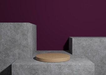 Dark magenta, purple 3D rendering of a minimal,  wooden simple product display podium or stand on rough concrete geometric background