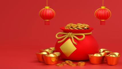 Lucky bag or treasure bag with gold and coin background greeting card for Chinese festival Chinese New Year, 3d render.