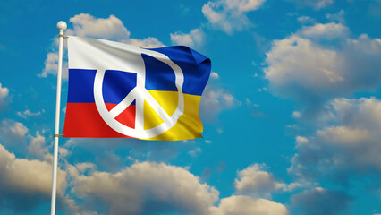 Russia and Ukraine flag with peace sign or Peace symbols fluttering in the sky, 3d render.
