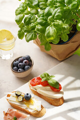 Italian antipasto bruschetta - white bread slices with smoked ham, goat cheese, blueberries, mozzarella, tomatoes, basil on marble board, glass with lemon water
