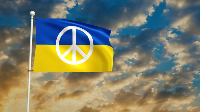 Ukraine Flag With Peace Sign Or Peace Symbols Fluttering In The Sky And Cloud, 3d Rendering.