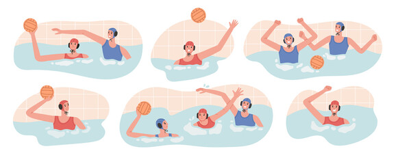 Big set with vector illustrations of water polo players in action. Young swimmers. Game process, victory moments in swimming pool. Water polo, swimming and water sports concept. Vector illustration.