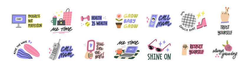 Stickers set. Inspirational design and motivating phrases in trendy colors. 
Quotes about motivation, support, self development, acceptance and love. Vector illustrations isolated on white background.