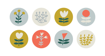 Set of icons with flowers and plants made of simple shapes. Can be used as social media covers, icons or stickers. Scandinavian style in modern colors. Hand drawn vector illustration.