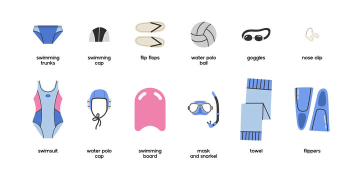 Equipment for water sports with text information. Isolated flat vector illustration with. Set with swimsuits, swimming trunks, caps and balls for swimmers. Swimming pool and sport shopping concept.