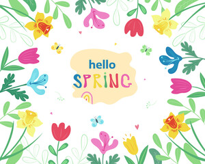 A sketch of the Hello Spring hand logo, a printing house icon. The inscription of the spring season with a greeting card sheet, an invitation template, a banner. Flowers in boho style, naive hand-draw
