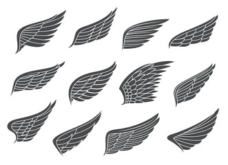 Wing tattoo. Angel, eagle bird spread wings with feathers. Falcon, hawk or pigeon black wings outline vector emblems, heaven and freedom isolated symbols, vintage icons set