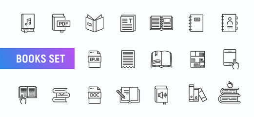 Book line diary vector icon set. Library line bookmark open book document file collection audiobook illustration textbook
