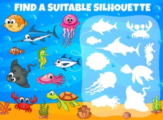 Naklejka na ściany i meble Find a suitable silhouette of cartoon funny underwater animals and fish kids game worksheet. Vector quiz puzzle of ocean and sea animals education. Matching game with crab, sea turtle and clownfish