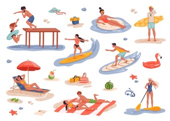 Peoples on summer beach vacation. Flat style personages of young man and woman relaxing on beach, jumping from pier. Vacation activities vector scenes with swimming, SUP surfing in ocean peoples