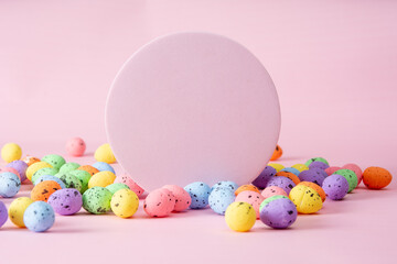 Happy Easter. Abstract art of colorful easter eggs with pink background, and circle geometric shape. Product display podium mockup, Banner template design.