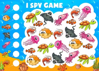 Naklejka na ściany i meble I spy game quiz vector worksheet of underwater cartoon animals and fish. Kids puzzle, riddle or maze of count education, find and count sea turtle, squid, prawn or shrimp, clownfish, stingray, puffer