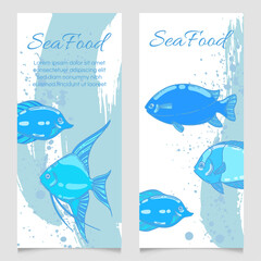 Seafood restaurant menu template, hand drawn fish vector illustration mockup