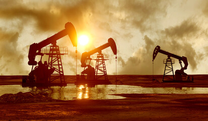 big oil pump on sunset render 3d