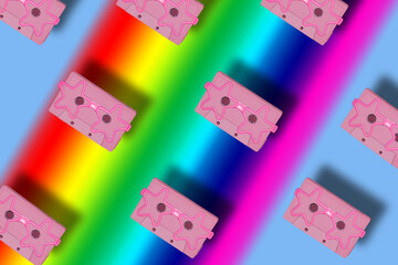 cloned pink retro cassette with star glasses on rainbow backgrounds, creative hippie art wallpaper