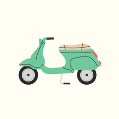 Stylish vintage scooter. Transport in the city, Italian style. Can be used in postcard or print design, as social media publication, background etc. Colorful vector illustration.