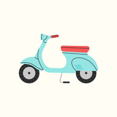 Stylish vintage scooter. Transport in the city, Italian style. Can be used in postcard or print design, as social media publication, background etc. Colorful vector illustration.