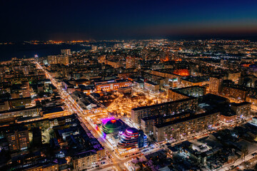 Aerial view of Saratov in winter night