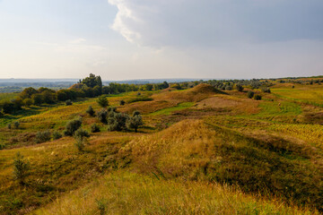 The hilly nature of Eastern Europe. Background with copy space for text, toned