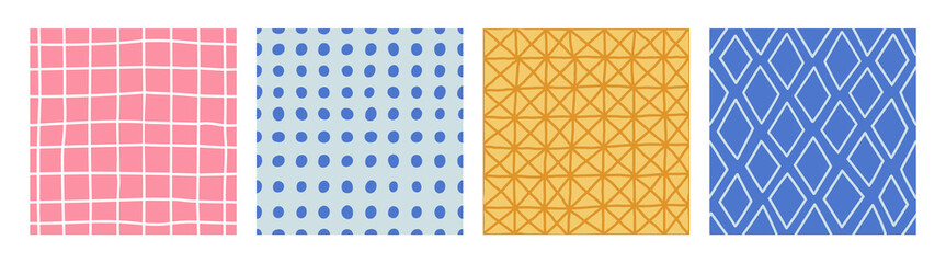 Set of seamless patterns with geometric shapes in trendy colors. Polka dot, diamond, plaid and grid patterns. Colorful background, print. Hand drawn vector illustration.