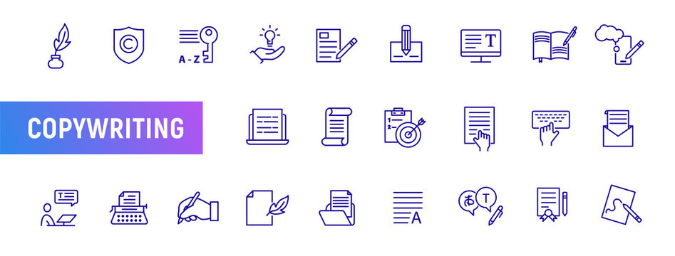 Writer pen line icon set. Write hand blog or book feather article design. Letter stroke note symbol set