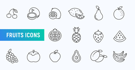 Fruit line icon set. Strawberry food vector apple orange kiwi banana stroke icon. Avocado grape watermelon pineapple fruit symbol