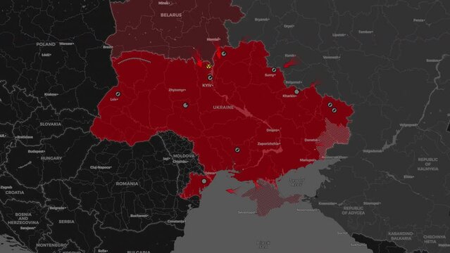 Animation Ukraine war map. Animated map of Russia invasion of Ukraine. Ukrainian and Russian crisis and armed conflict
