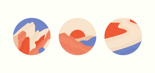 Set with minimalistic landscapes. Round compositions with simple shapes and abstract lines. Traveling and nature. Social media covers, highlights, icons, stickers. Vector illustration in trendy colors
