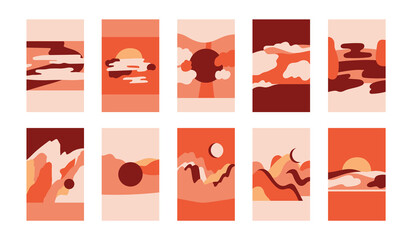 Set with minimalistic landscapes. Composition with simple shapes and abstract lines. Traveling and nature. Vector illustration in trendy colors.