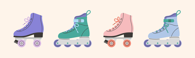 Set with roller skates icons. Sport and hobbies. Retro fashion style from 80s and 90s. Cute vector illustration in trendy colors. Hand drawn style. 