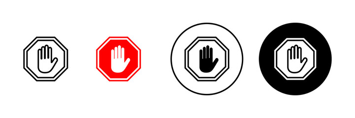 Obraz premium Stop icons set. stop road sign. hand stop sign and symbol. Do not enter stop red sign with hand