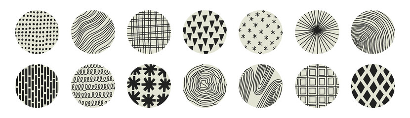 Big set of abstract round icons with geometric patterns. Can be used as social media covers, icons, stickers,  background. Hand drawn vector illustration.