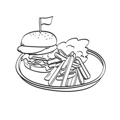 hamburger and french fries on wooden tray illustration vector hand drawn isolated on white background line art.