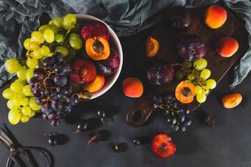 Freshly washed fruits with water droplets. bright high key look conveys freshness. Variety of fresh...