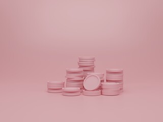 Falling coin stack on pink pastel background. Concept of business investment, working capital and money saving. 3d rendering, 3d illustration