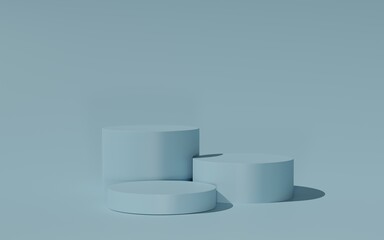 Cylinder podium on light blue background. Abstract minimal scene with geometric forms. Mock up scene to show cosmetic products presentation. 3d rendering, 3d illustration
