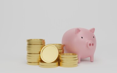 Gold coins stack with piggy bank isolated on white background. concept of save money for investment. 3d rendering, 3d illustration