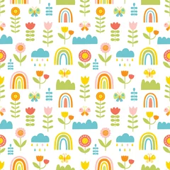 Abwaschbare Fototapete Blümchenmuster Nahtloses Muster mit Schmetterlingen, Blumen, Wolken und Regenbogen. Vektor-Illustration im handgezeichneten Cartoon-Stil.