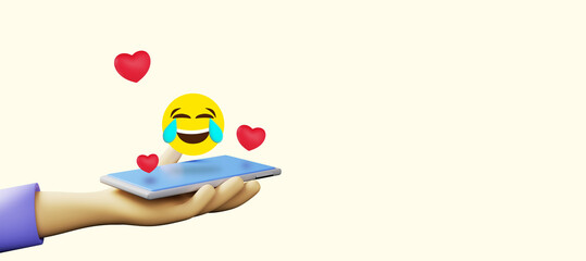 Hand holding phone with laughing emoji and hearts 3D illustration banner heading with copy space