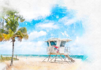 Watercolor painting illustration of Lifeguard tower in South Beach in Fort Lauderdale Florida, USA